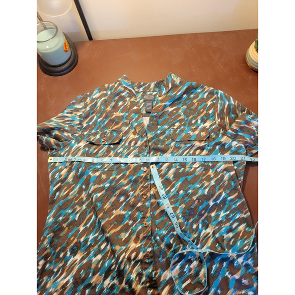 Chico's Additions Brown Teal Abstract Stretch Button Front Top Size 3 = XL (16) - Picture 4 of 11